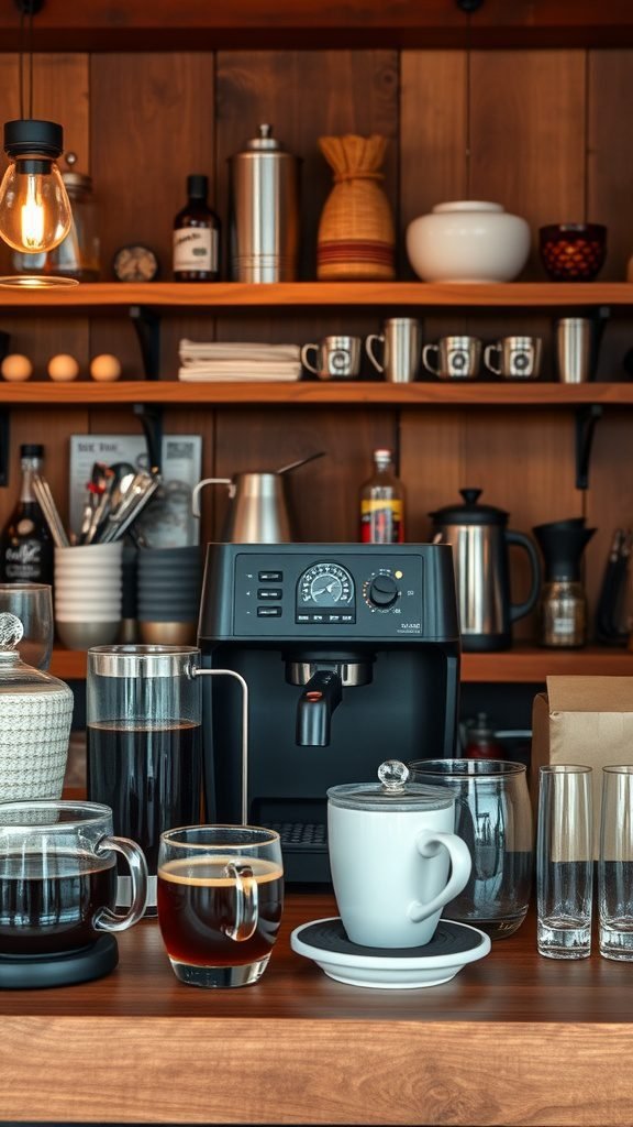 Cozy coffee bar with an espresso machine, various mugs, and glassware on wooden shelves.