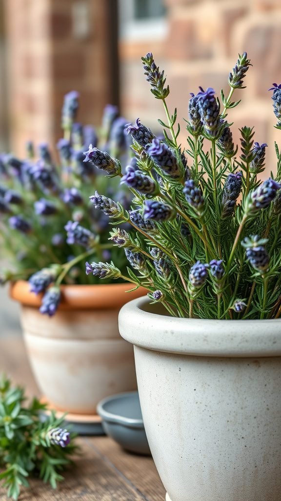 Two pots with blooming lavender, showcasing lush purple flowers and green foliage.