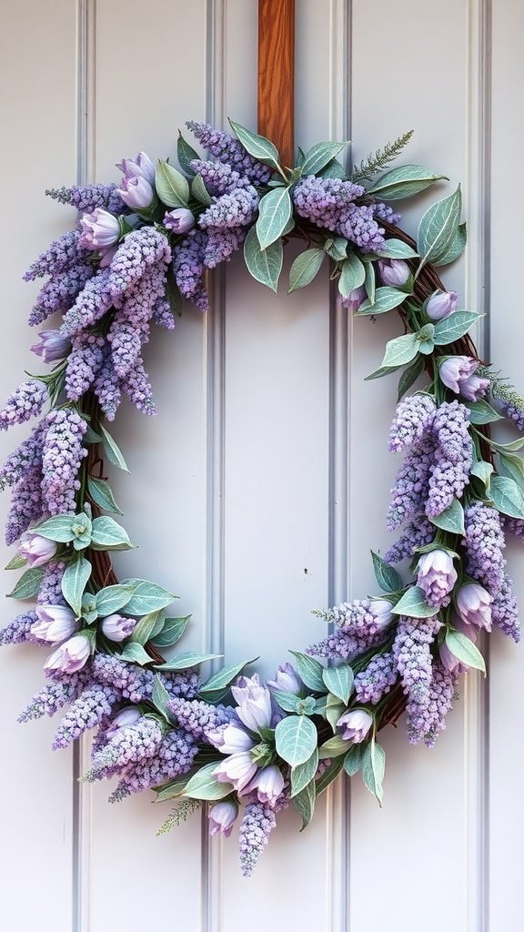 A beautiful lavender and sage wreath adorned with purple flowers and green leaves, hanging on a door.