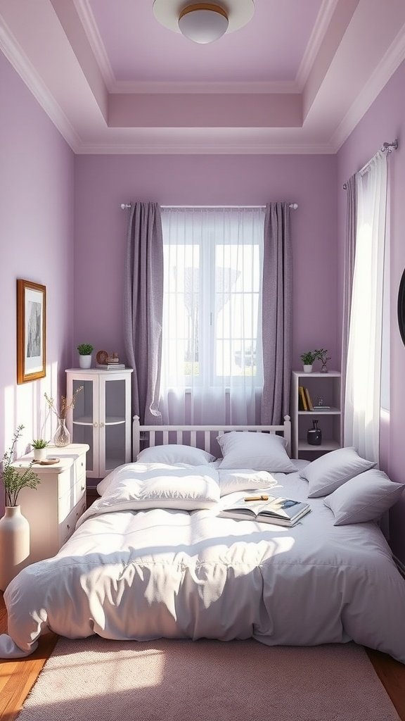 A cozy bedroom with lavender walls, a white bed with fluffy pillows, and soft natural light coming through the windows.