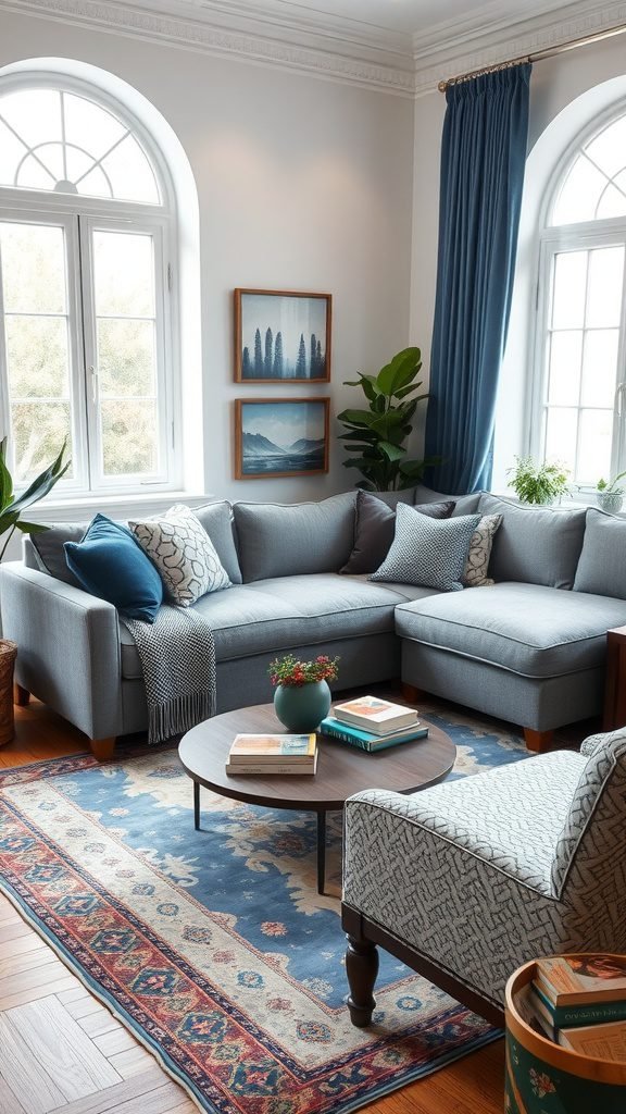 A stylish living room with a grey couch, blue cushions, and a patterned rug