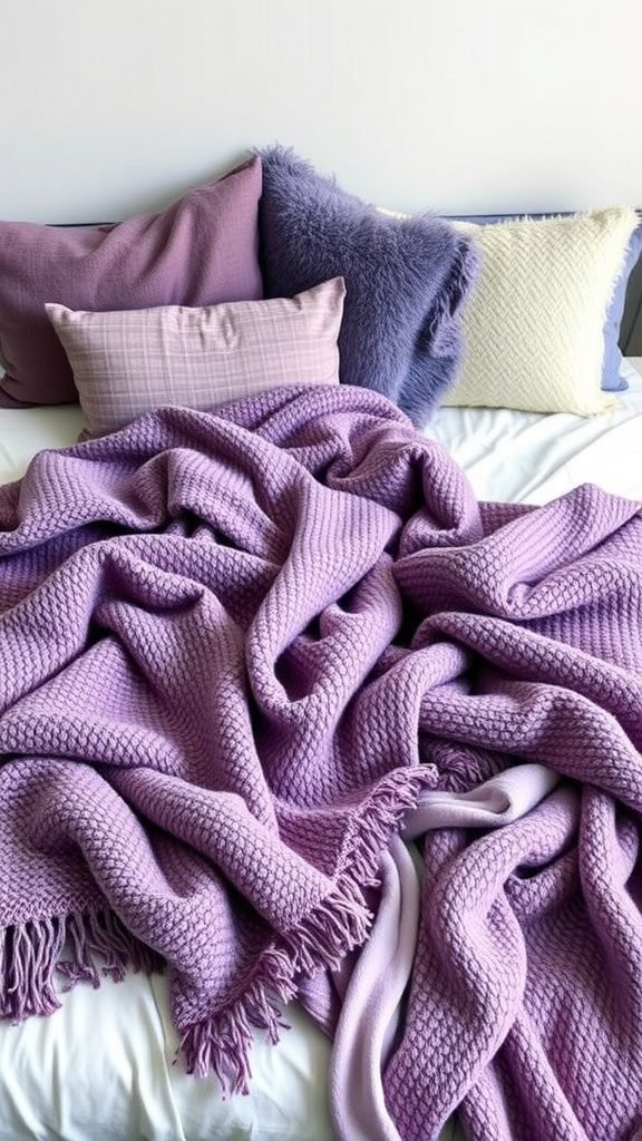A cozy bedroom with layered purple throws and pillows on a bed.