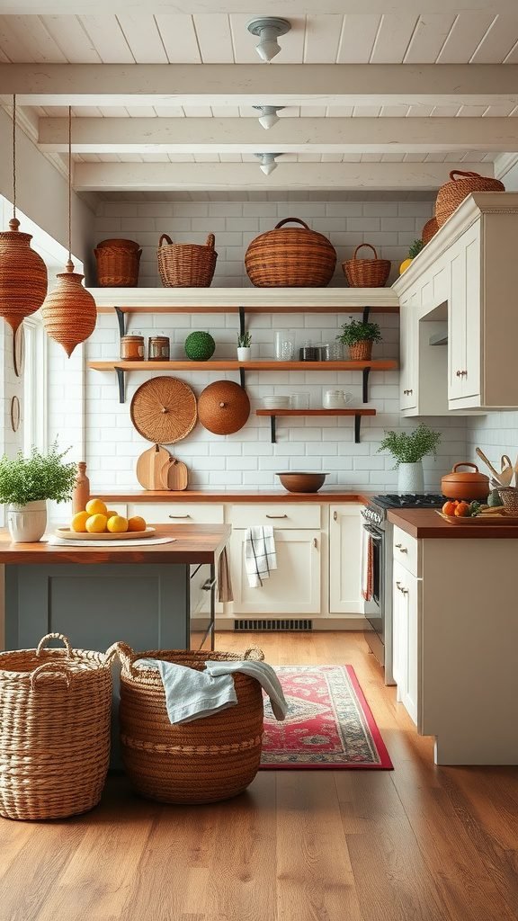 A cozy farmhouse kitchen featuring wooden accents, woven baskets, and open shelving with a bright atmosphere.