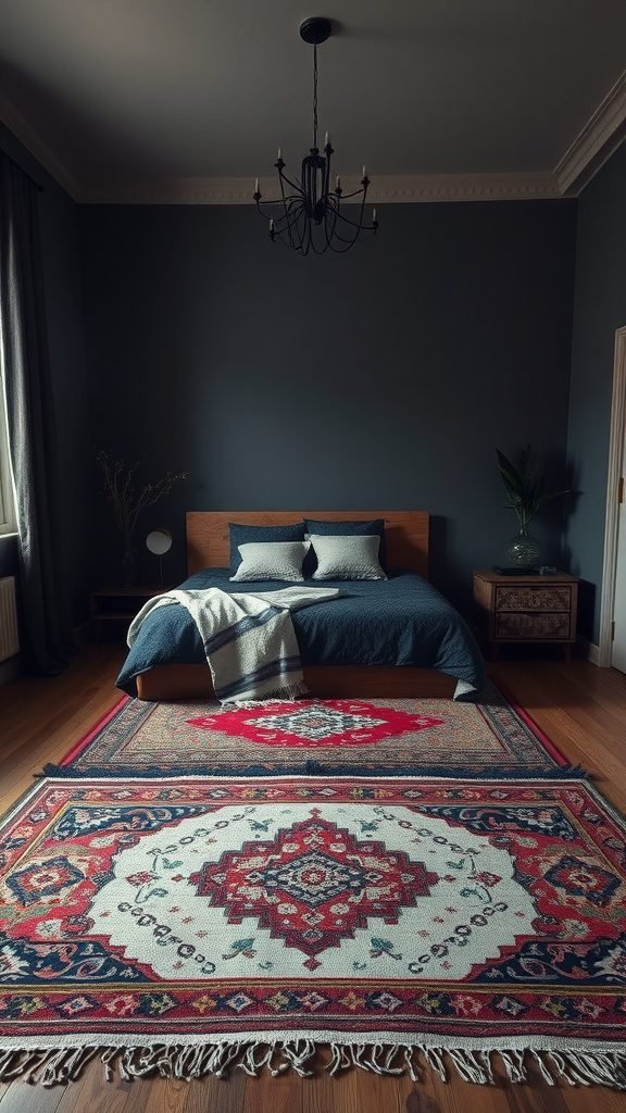A dark boho bedroom featuring layered rugs with intricate patterns.