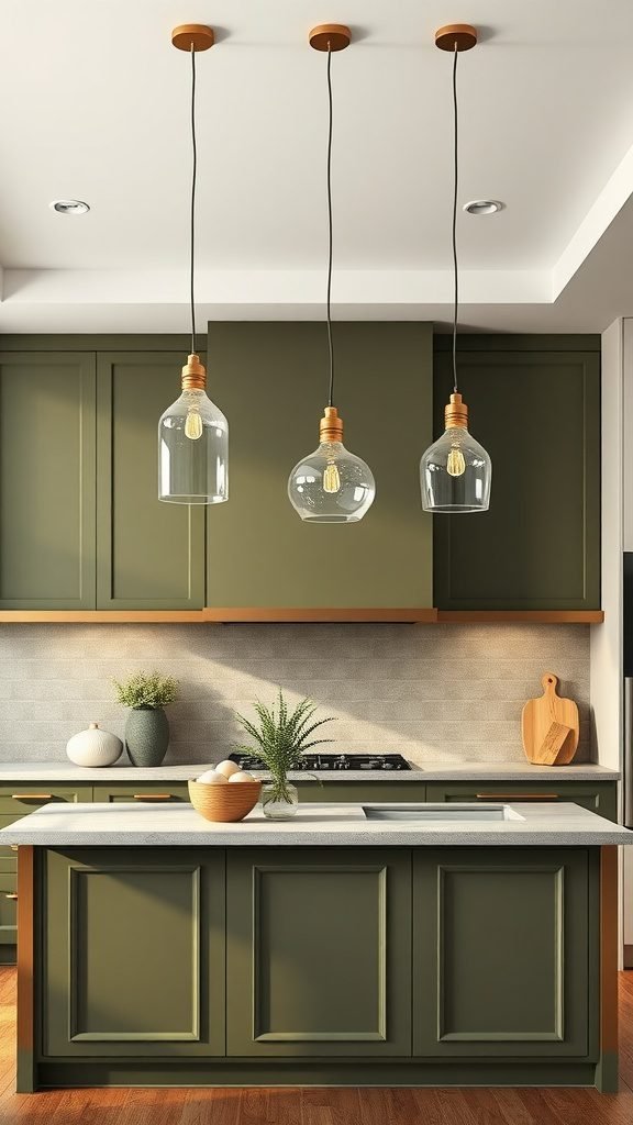An olive green kitchen featuring pendant lights above a kitchen island.