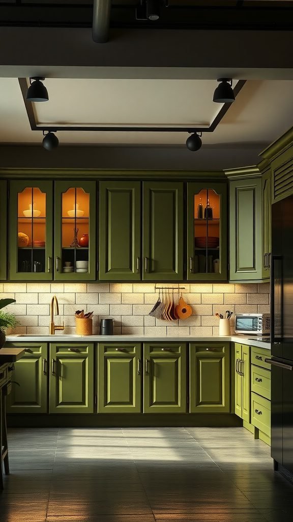 A kitchen featuring olive green cabinets illuminated by warm lighting.