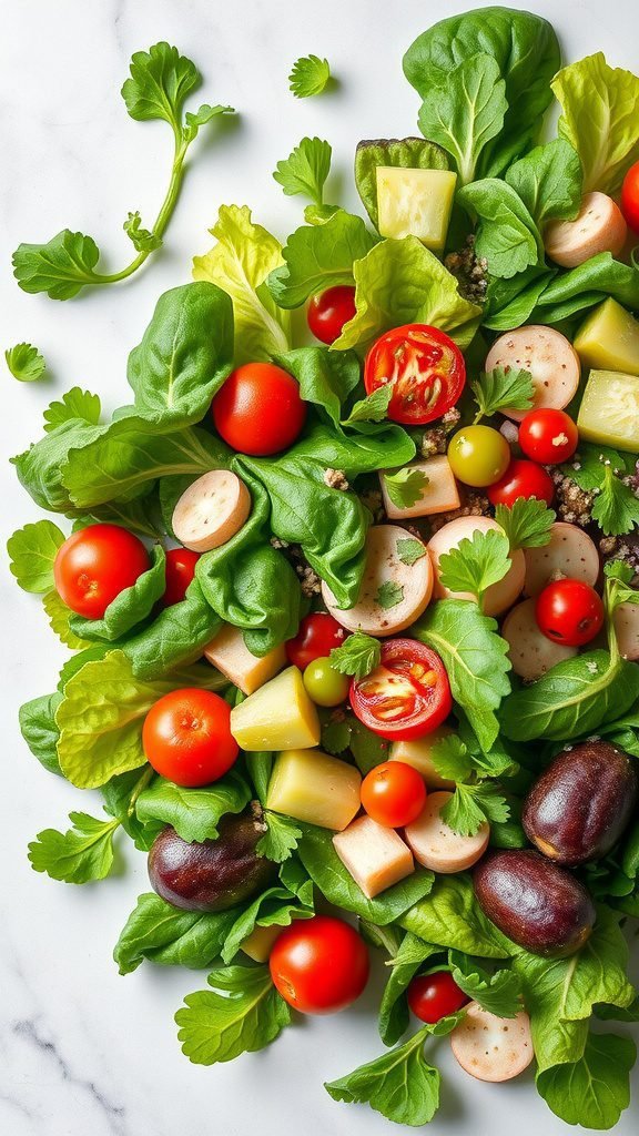 A vibrant salad with tomatoes, greens, cucumbers, and other fresh ingredients on a marble surface.