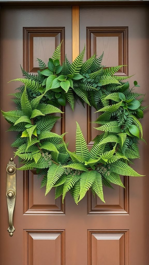 A lush greenery and fern wreath displayed on a brown front door.