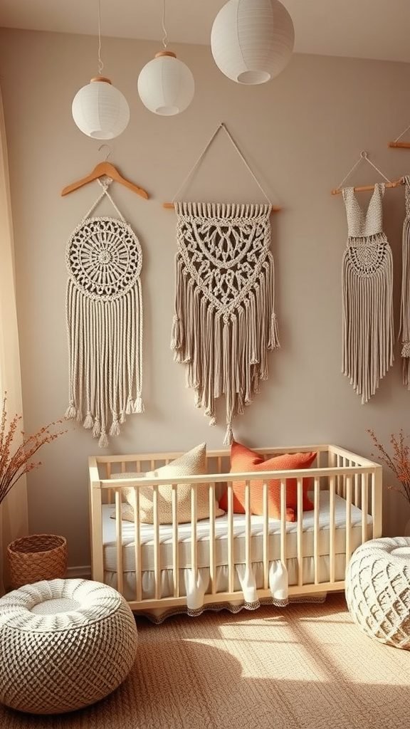 A boho baby room featuring macrame wall hangings, a crib with colorful pillows, and cozy decor elements.