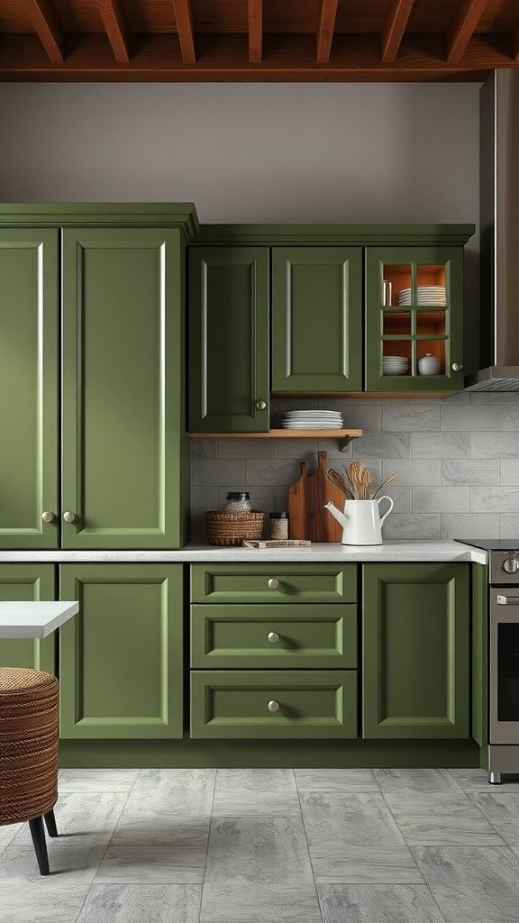 A modern kitchen featuring olive green cabinets with stylish decor.