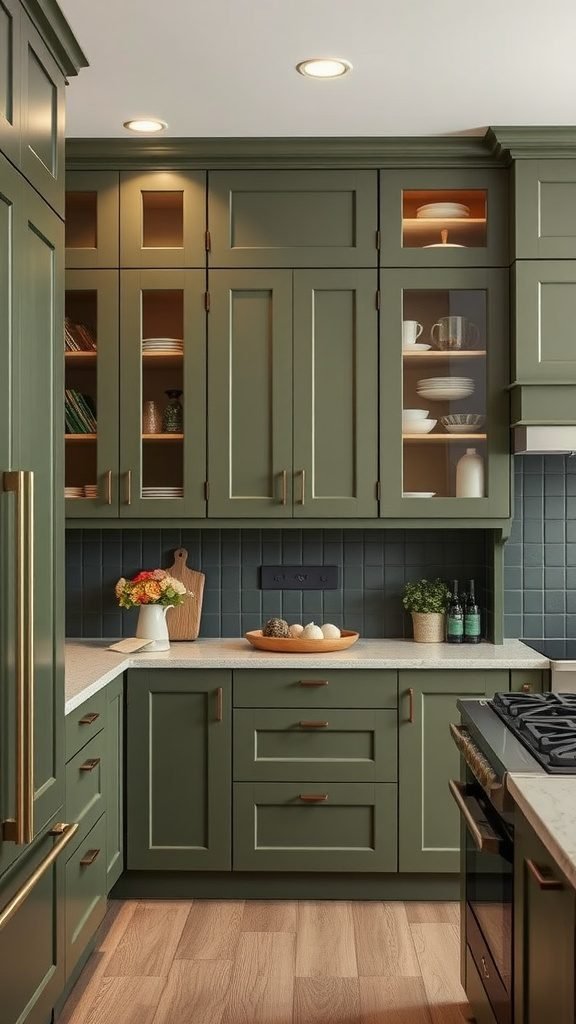 Stylish olive green kitchen cabinets with both closed and open shelving.