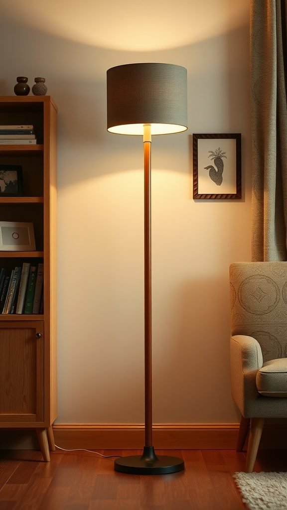 Mid-century modern floor lamp with a wooden base and a gray shade, illuminating a cozy living room
