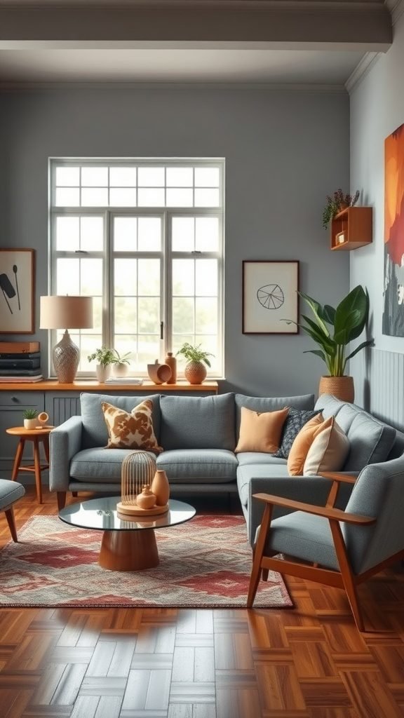 A mid-century modern living room featuring a grey couch, wooden furniture, and warm decor accents.