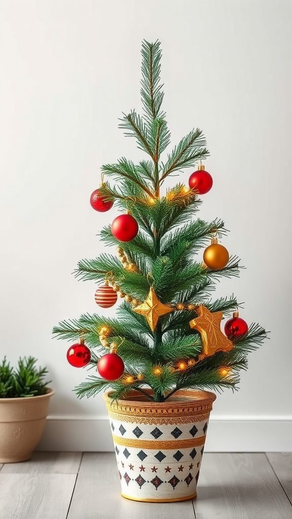 A decorative miniature Christmas tree in a patterned pot, adorned with red and gold ornaments and warm lights.