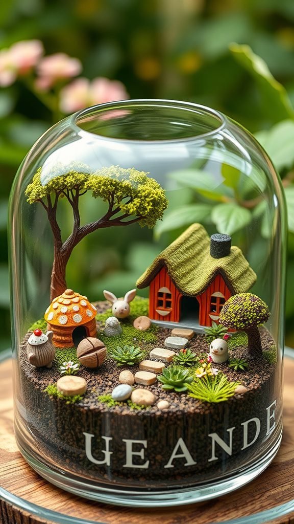 A beautiful miniature garden scene inside a glass terrarium, featuring a red house, animals, mushrooms, and lush greenery.