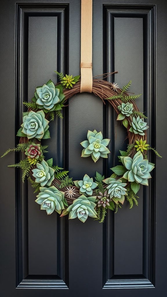 A minimalist succulent wreath hanging on a black door, featuring various green succulents arranged around a natural grapevine base.
