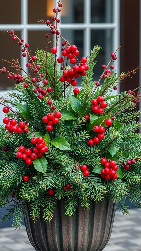 A winter planter featuring mixed evergreens and vibrant red berries in a decorative pot.