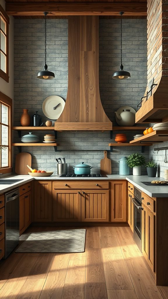 A cozy farmhouse kitchen featuring mixed materials, including wood cabinets, stone walls, and stylish lighting.