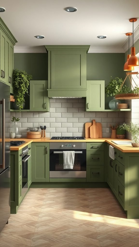 An olive green kitchen featuring cabinets and decor in various shades of green, with natural wood countertops.