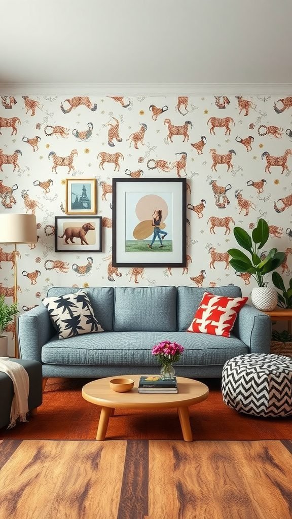 Living room with a grey couch, colorful patterned cushions, whimsical animal wallpaper, and a round coffee table.
