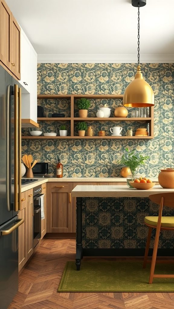 An olive green kitchen featuring patterned wallpaper, wooden cabinetry, and a stylish table with fruits.