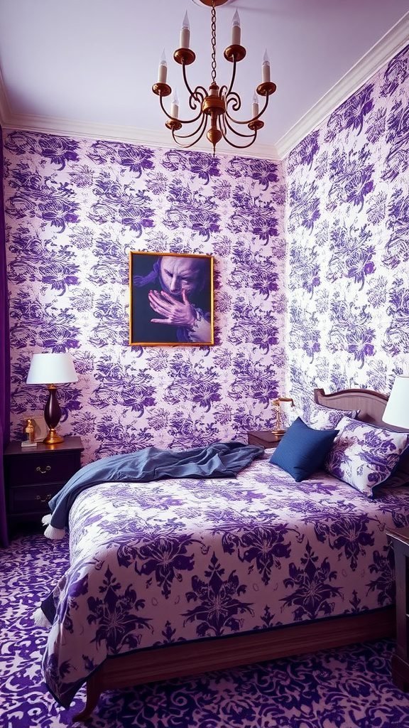 A cozy bedroom featuring purple floral wallpaper, a patterned comforter, wooden furniture, and a vintage chandelier.