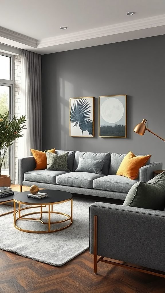 Modern living room with a grey couch, gold accents, and colorful pillows.