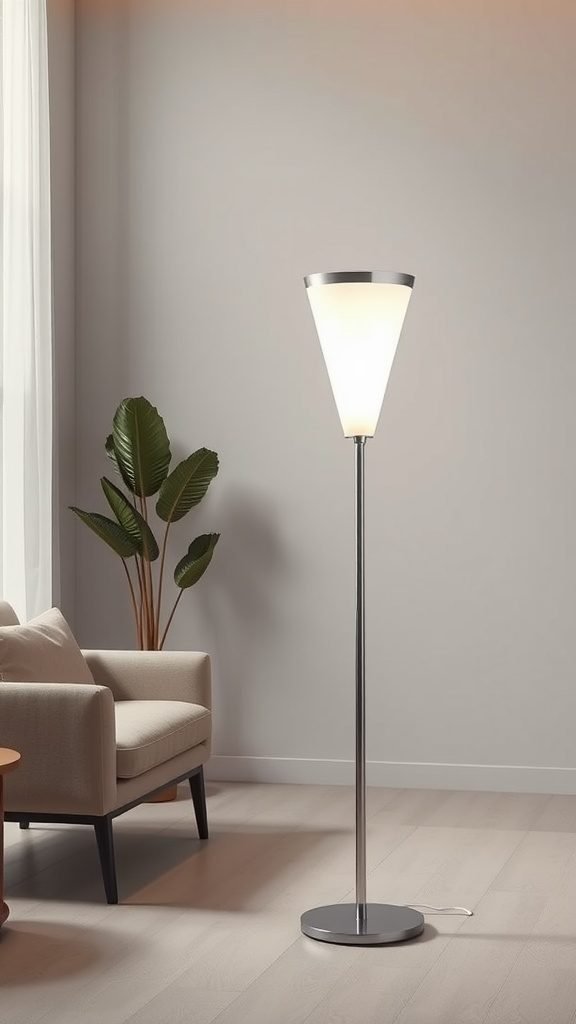 A modern floor lamp in a minimalist living room setting