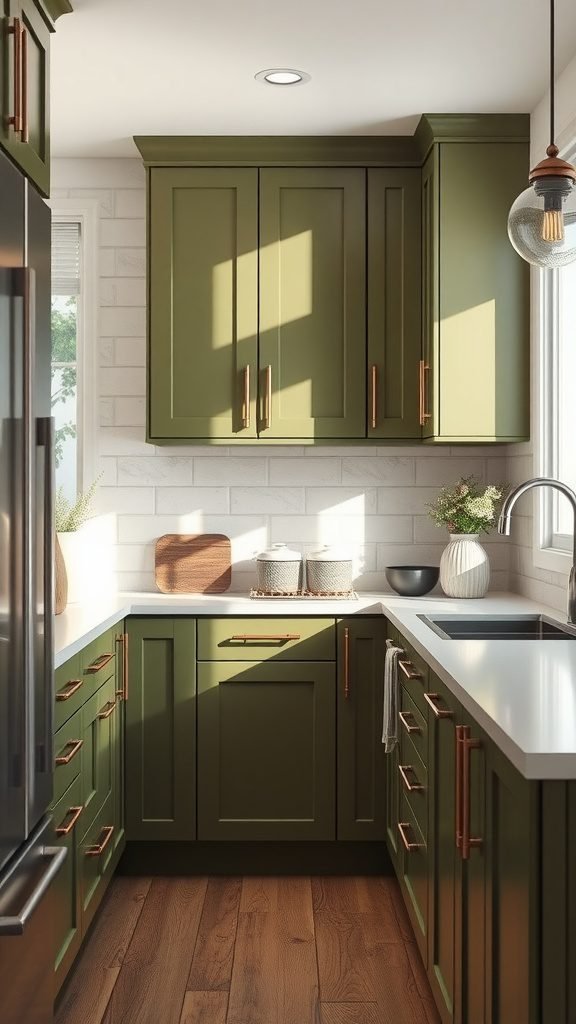 Modern olive green kitchen with stylish cabinets and wooden floors
