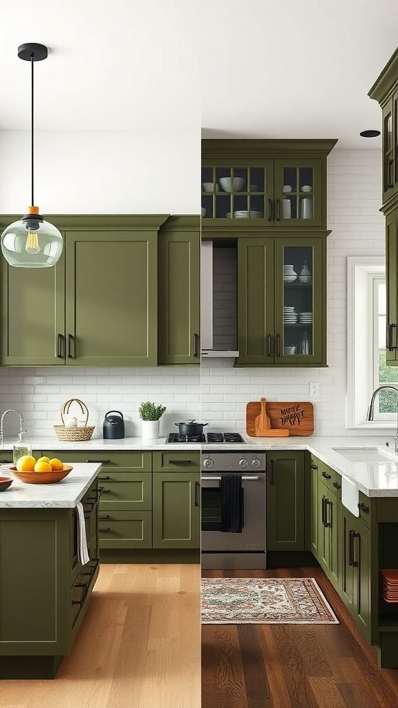 A kitchen featuring olive green cabinets, showcasing a modern and traditional style with marble countertops and wooden flooring.