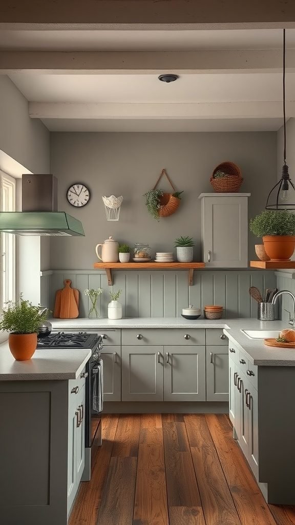 A cozy farmhouse kitchen featuring gray walls, muted green cabinetry, wooden floors, and hanging plants.