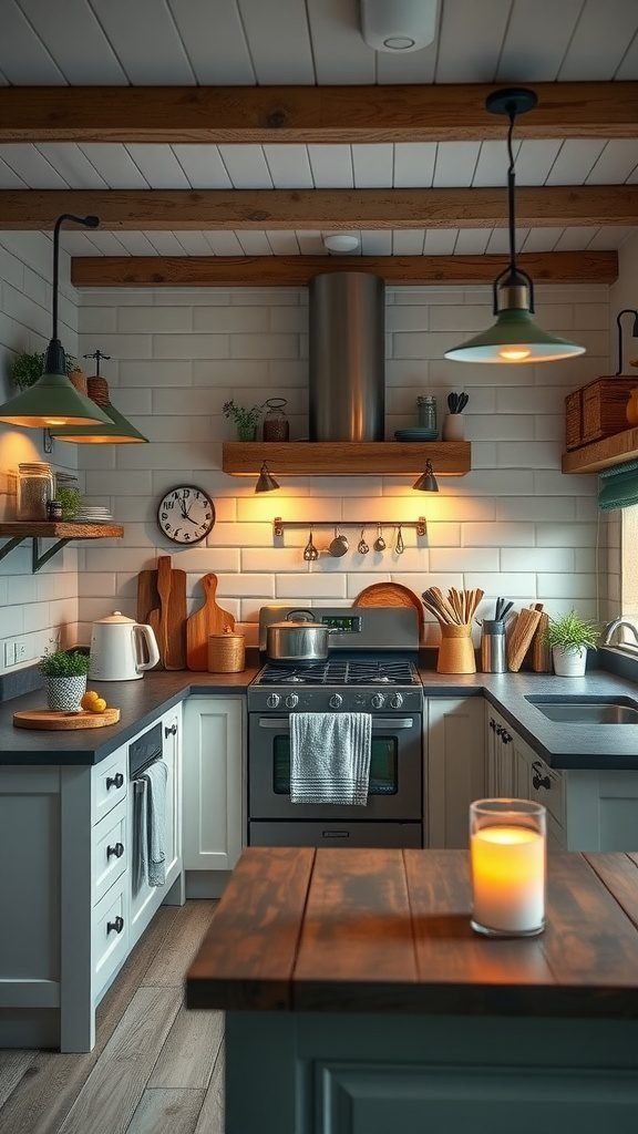 A cozy farmhouse kitchen with mood lighting and wooden accents