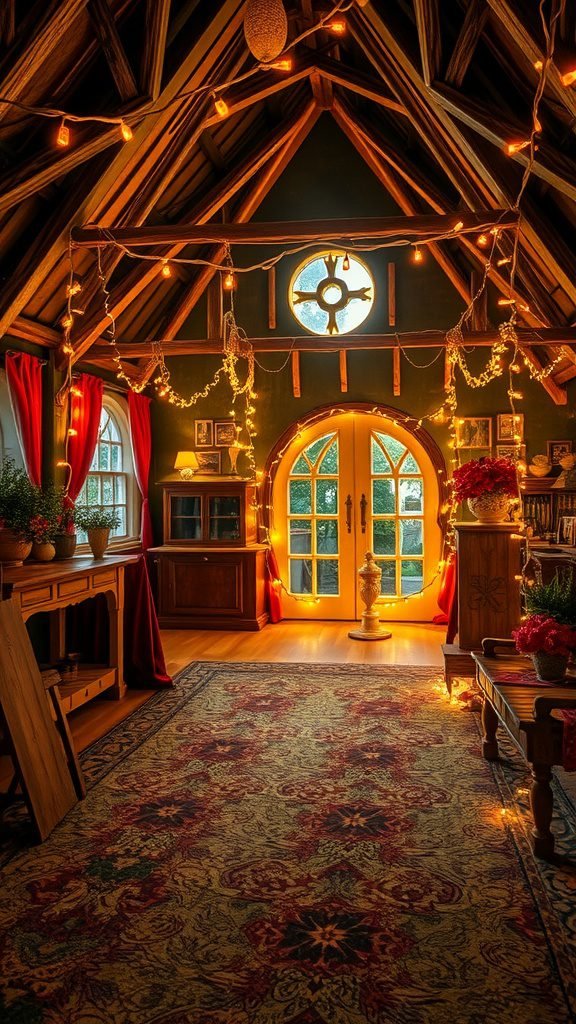 A cozy room decorated with fairy lights along the wooden beams, highlighting rustic design and creating a warm atmosphere. Therian Room Decor