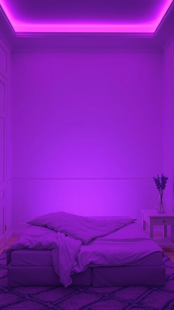 A bedroom with purple mood lighting, featuring a bed and simple decor.