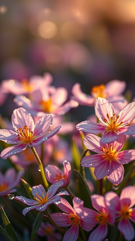 Close-up of pink flowers with morning dew, capturing the essence of spring