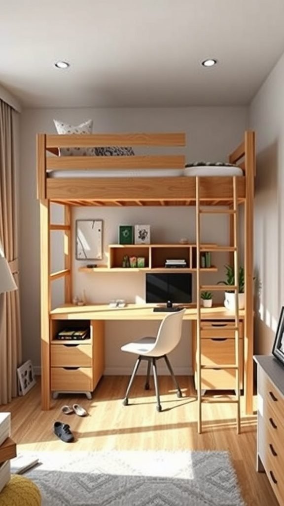 A stylish loft bed with a desk underneath, featuring wooden accents and a cozy workspace. Bedroom Ideas with Desks