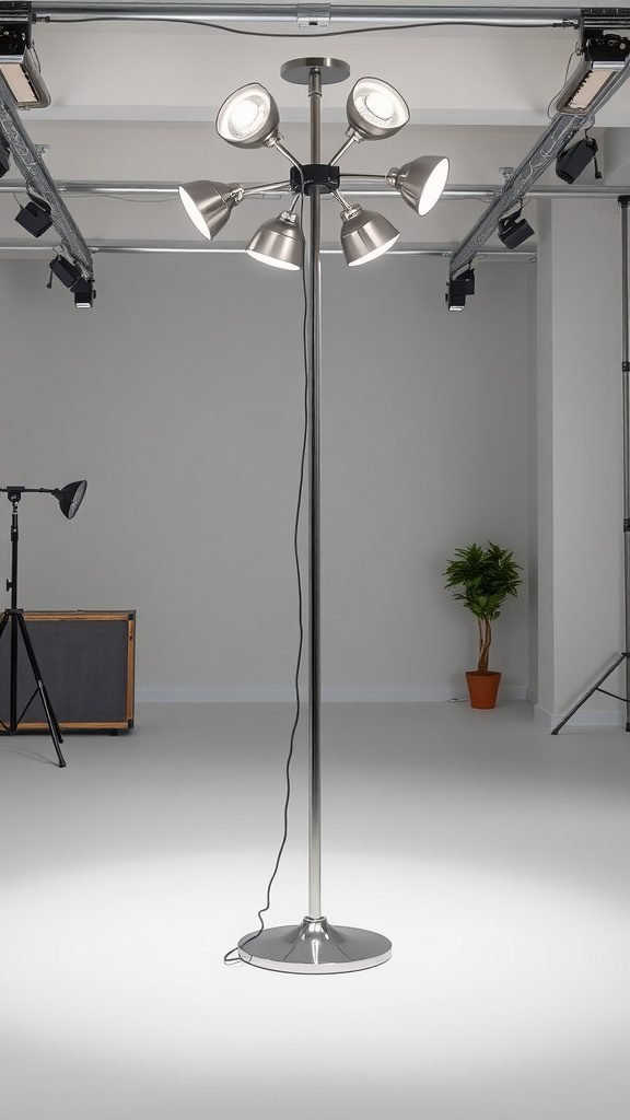 A multi-headed floor lamp with sleek design in a modern setting.