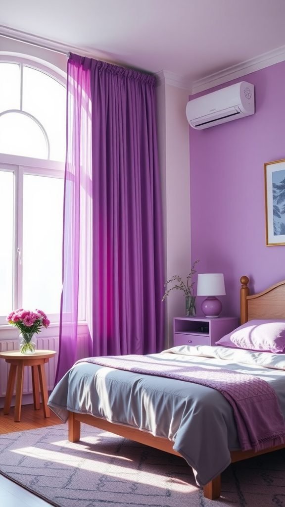 A bright bedroom with purple walls and curtains, featuring a wooden bed and a small table with flowers.