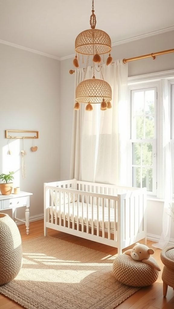 A bright boho baby room featuring a white crib, warm wooden floors, and woven decor elements.