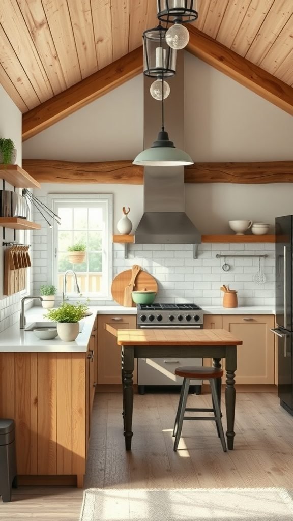 A cozy farmhouse kitchen featuring wooden beams, natural cabinetry, open shelves with plants, and pendant lighting.