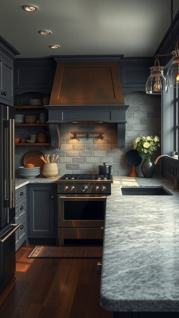 A moody farmhouse kitchen featuring natural stone countertops, dark cabinetry, and warm wood floors.