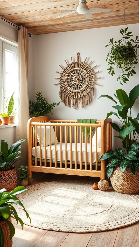 A cozy boho baby room featuring a natural wood crib surrounded by lush plants and a textured rug.