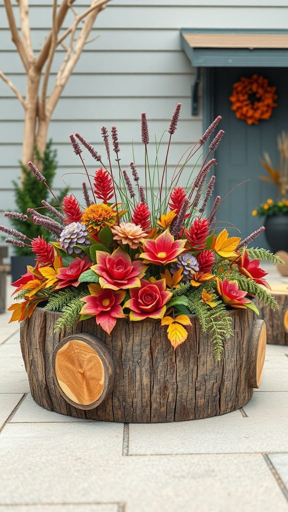 A vibrant log planter filled with colorful flowers and greenery, showcasing a rustic design.