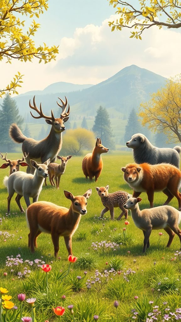 A vibrant scene of various animals in a green meadow with blooming flowers and mountains in the background, symbolizing spring.