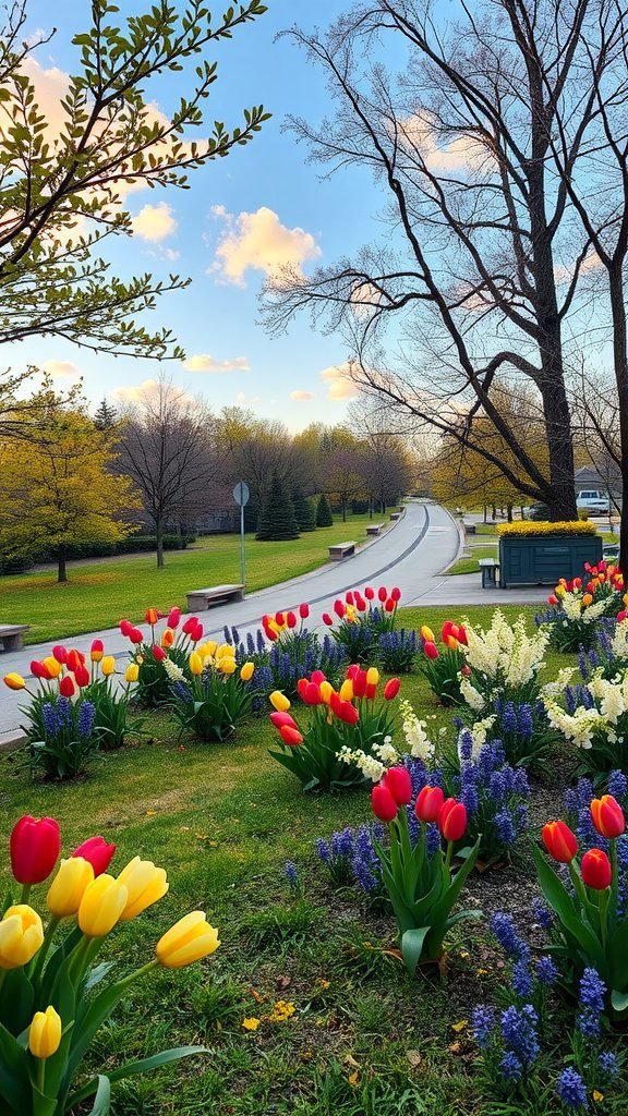 A serene landscape in April featuring colorful tulips, blooming flowers, and a winding road under a blue sky.