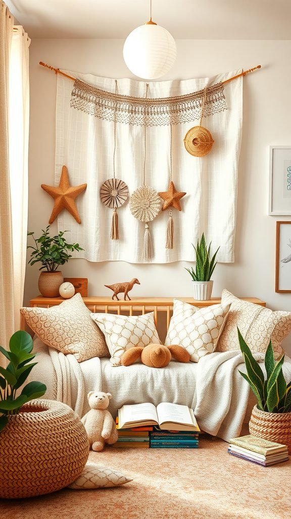 A cozy reading nook in a boho-inspired baby room with soft pillows, a blanket, plants, and books.