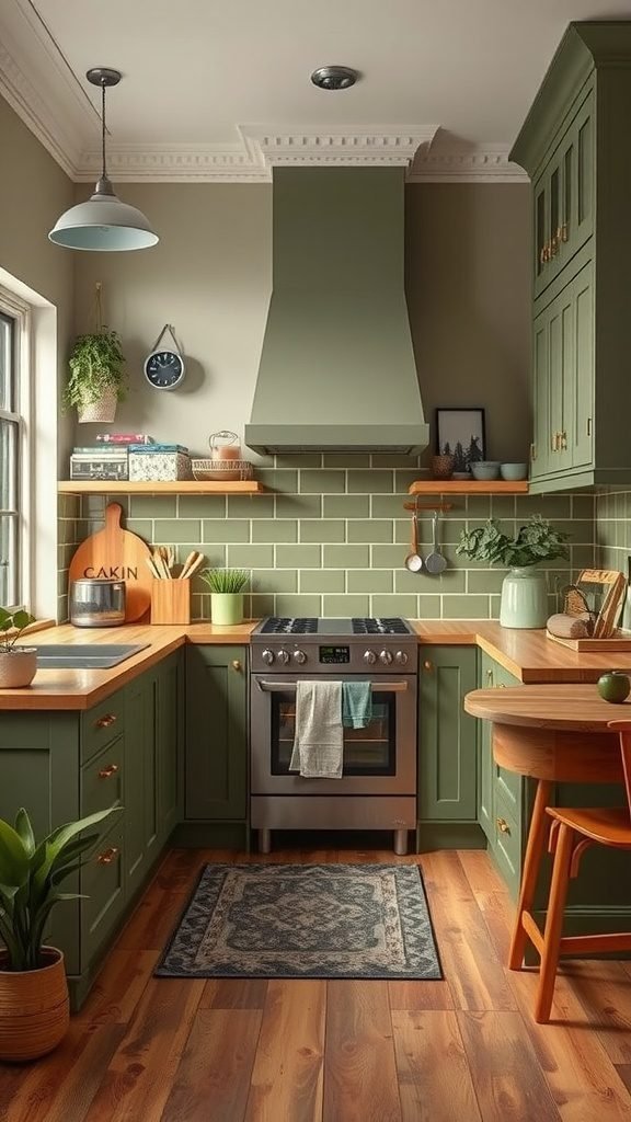 A cozy olive green kitchen with wooden accents and plants, featuring a stove and a small dining table.