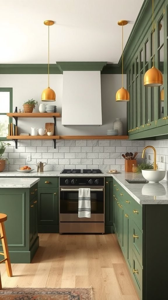 A modern olive green kitchen featuring gold metallic finishes and natural wood accents.