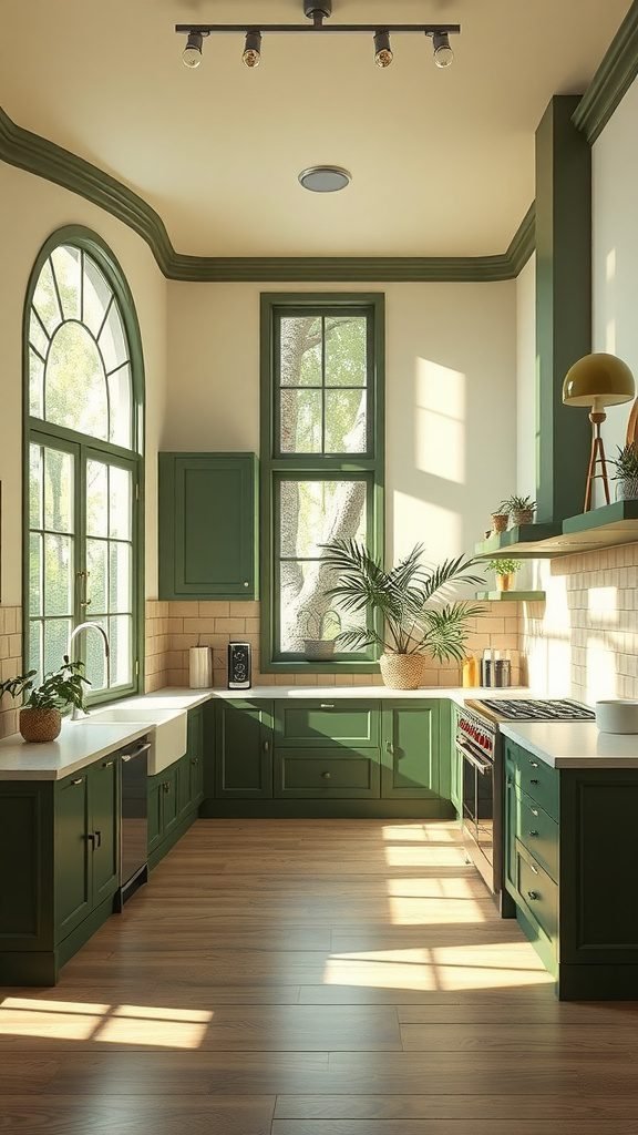 Bright olive green kitchen with natural light and plants