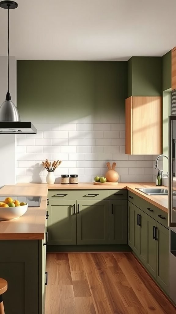 A stylish olive green kitchen featuring natural wood elements and modern appliances